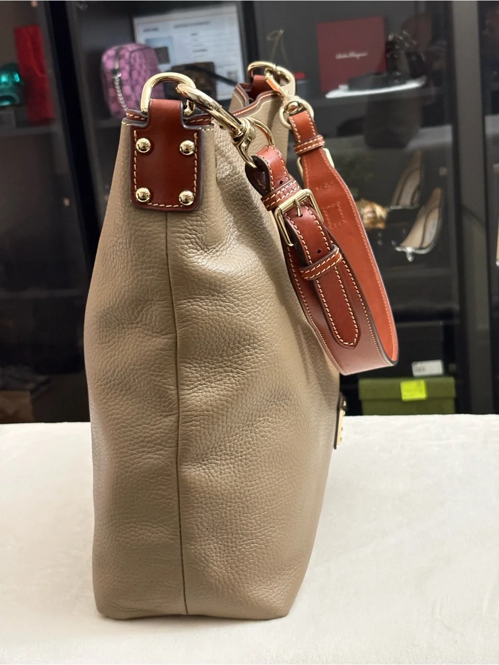 Dooney & Bourne Large Taupe Pebble Leather Hobo Handbag